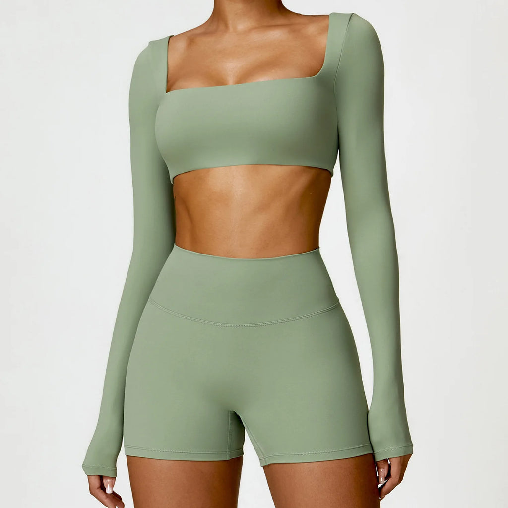 Women'S Quick Drying Breathable Top Seamless Sexy Square Neckline Elastic Yoga Long Sleeves Crop Top Gym Running Sportwear
