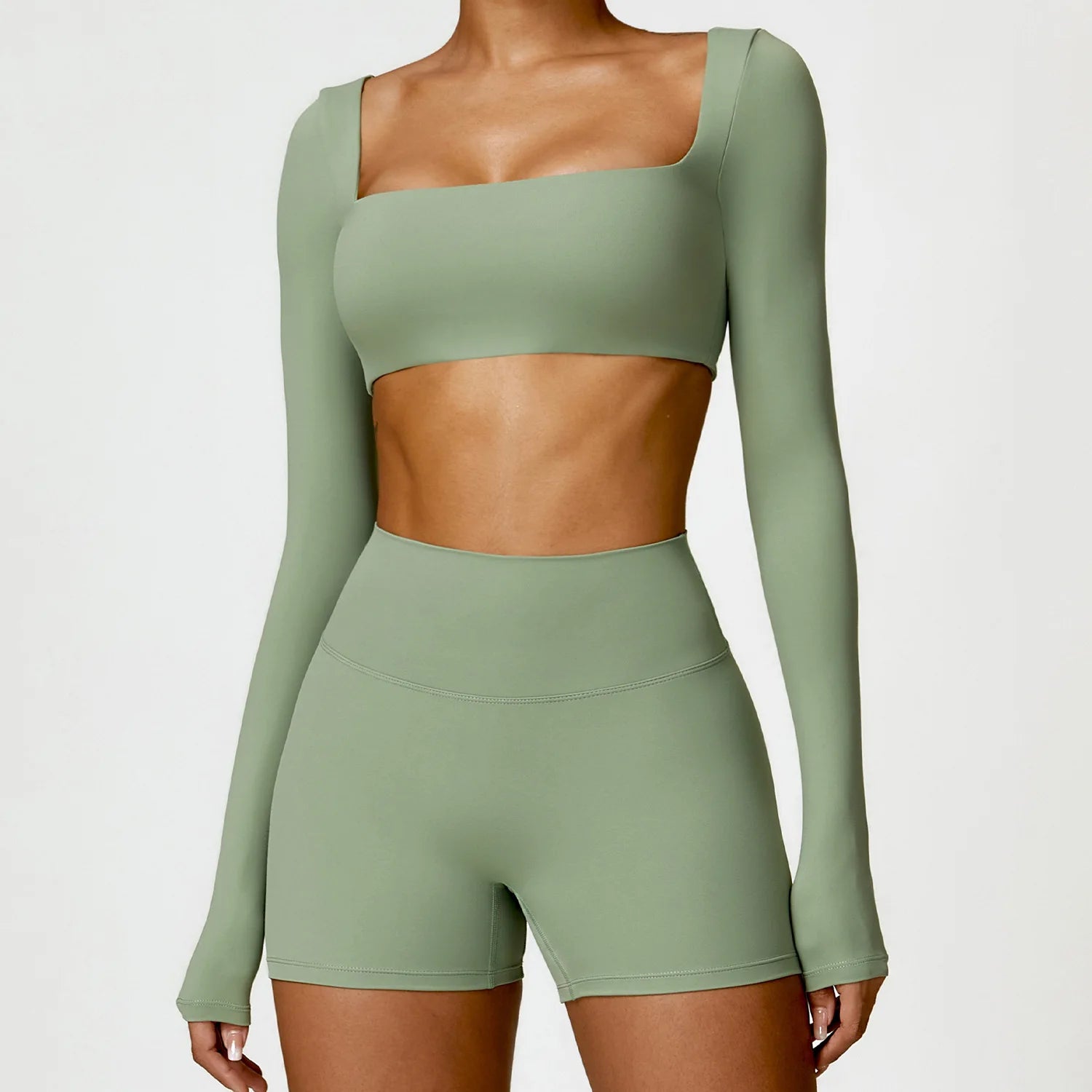 Women'S Quick Drying Breathable Top Seamless Sexy Square Neckline Elastic Yoga Long Sleeves Crop Top Gym Running Sportwear