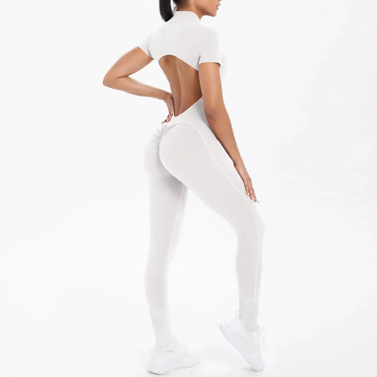 Short Sleeved Fitness Jumpsuit for Woman Bodysuits Backless Solid Color Scrunch One-Piece Suit Half Zipper Gym Yoga Sets Womens