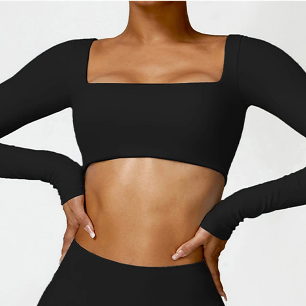 Women'S Quick Drying Breathable Top Seamless Sexy Square Neckline Elastic Yoga Long Sleeves Crop Top Gym Running Sportwear
