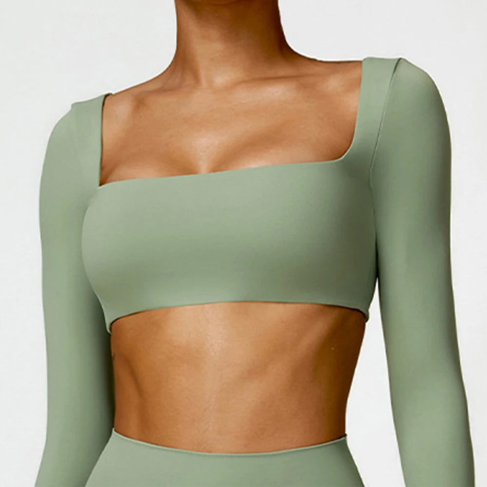 Women'S Quick Drying Breathable Top Seamless Sexy Square Neckline Elastic Yoga Long Sleeves Crop Top Gym Running Sportwear