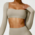 Women'S Quick Drying Breathable Top Seamless Sexy Square Neckline Elastic Yoga Long Sleeves Crop Top Gym Running Sportwear
